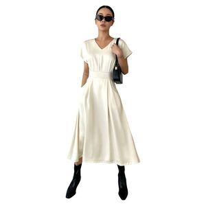 Dazy Cream Satin Dolman Cap Sleeve Pockets‎ Vintage Inspired Midi Dress